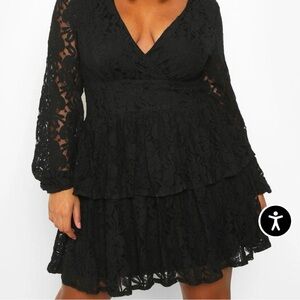 NWT Boohoo black lace plunge ruffle skater dress size 14